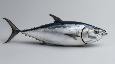 A whole fresh tuna fish with a sleek body, placed on a simple gray background to highlight its form.の素材