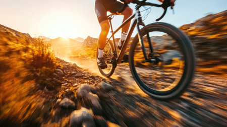 High-speed motion blur of a gravel bike rider crossing a rocky terrain at sunset.の素材
