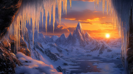 Icicles framing a mountain landscape, as the sun dips below the horizon in warm hues.の素材