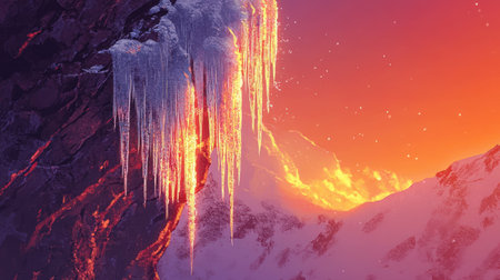 Icicles hanging from a rocky cliff, sparkling against the backdrop of a vibrant sunset.の素材