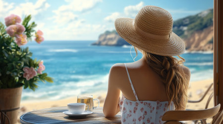 A woman wearing a casual summer dress and a straw hat, enjoying the view of the ocean from a beachside caf.の素材