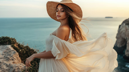 A woman wearing a straw hat and a flowing dress, posing on a beach cliff with a panoramic sea view behind her.の素材