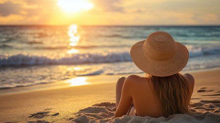 A woman in a straw hat relaxing on the beach, watching the waves roll in and the sun shining over the ocean.の素材