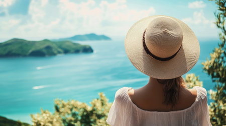 A woman wearing a stylish straw hat, looking out over a breathtaking sea view while enjoying a peaceful summer day.の素材