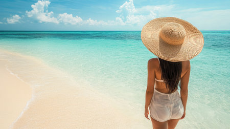 A woman wearing a large straw hat, walking along a sandy beach with the clear blue sea and sky ahead of her.の素材