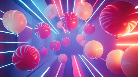 Bright party balloons in various sizes soaring over a neon-colored backdrop, symbolizing fun and happiness.の素材