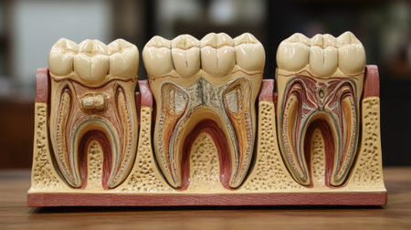 A dental model of teeth with cross-sectional views, ideal for teaching students about dental hygiene and proper brushing techniques.の素材