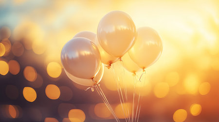 Elegant pearl-toned balloons rising against a soft-focus golden sunset.の素材