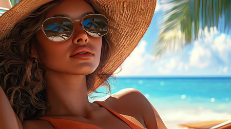 A woman with a straw hat and sunglasses, sitting on a beach chair, soaking in the sun while enjoying the seaside view.の素材
