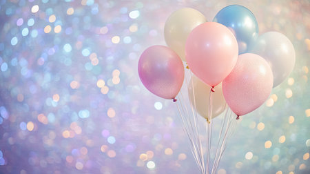 Floating pastel balloons over a shimmering, iridescent background, exuding dreamy elegance.の素材