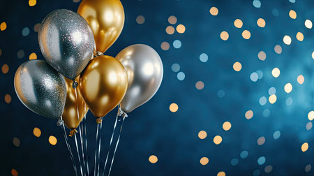 Elegant gold and silver balloons rising against a rich royal blue background with sparkling lights.の素材