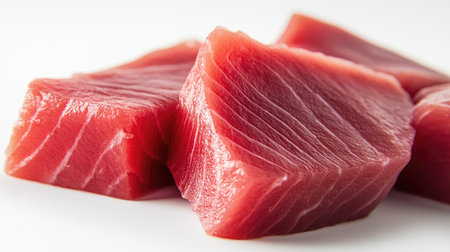 Close-up of fresh tuna fish fillet, with its rich pinkish-red color, resting on a simple white background.の素材