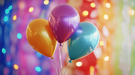 Floating rainbow balloons gently swaying in a soft-focus carnival lights backdrop.の素材