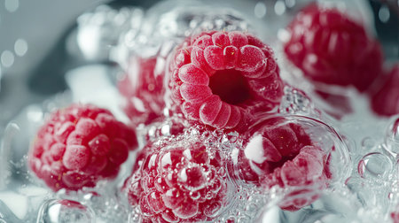 High-speed capture of raspberries splashing into water, frozen in motion with crystal-clear bubbles.の素材