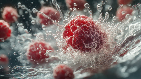 Close-up of a single raspberry submerged in water, surrounded by tiny air bubbles and a dynamic splash.の素材
