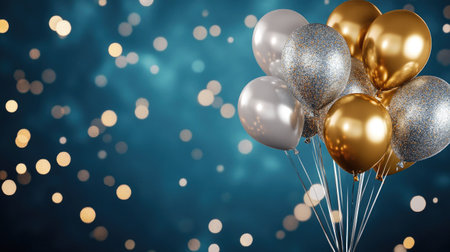 Elegant gold and silver balloons rising against a rich royal blue background with sparkling lights.の素材