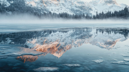 Smooth, mirror-like ice on a frozen lake reflecting the surrounding snowy mountains.の素材
