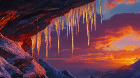 Icicles hanging from a rocky cliff, sparkling against the backdrop of a vibrant sunset.の素材