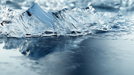 Ice shards emerging from a frozen lake, creating dramatic textures and reflections.の素材