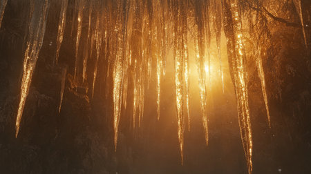The sun's last rays filtering through translucent icicles, creating a mesmerizing winter glow.の素材