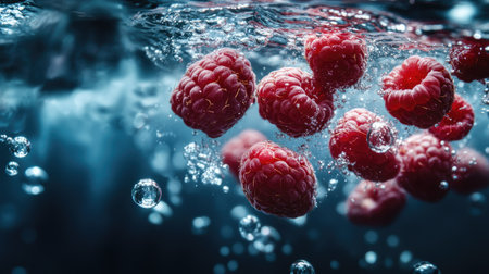 Underwater view of raspberries dropping into water, with bubbles clinging to their textured surface.の素材