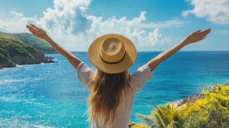 A woman standing with a straw hat in front of a panoramic sea view, her arms stretched wide to embrace the beauty of the ocean.の素材