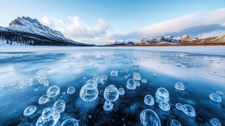 Crystal-clear ice on a frozen lake, showing bubbles trapped beneath the surface.の素材