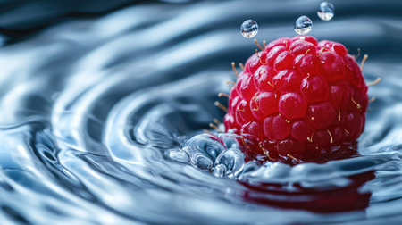 High-speed macro shot of a raspberry creating a ripple effect as it enters water.の素材