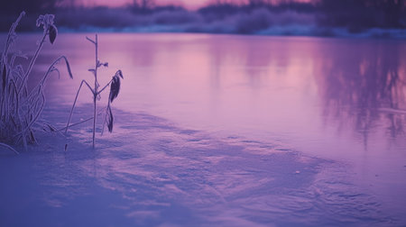 Frozen lake at dusk, with soft pink and purple hues reflecting off the icy surface.の素材