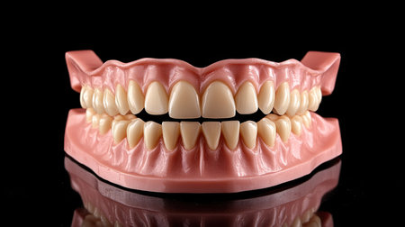 A dental model of teeth with clean, healthy gums, used for demonstrating the importance of regular brushing for oral hygiene.の素材