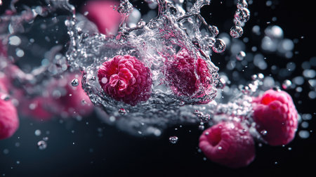 High-speed capture of raspberries splashing into water, frozen in motion with crystal-clear bubbles.の素材