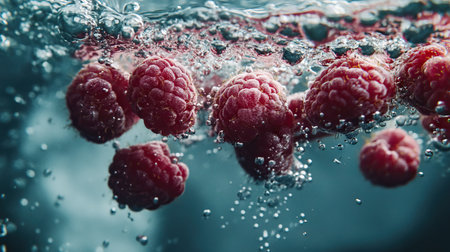 Underwater view of raspberries dropping into water, with bubbles clinging to their textured surface.の素材