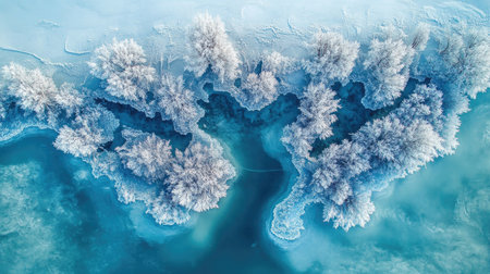 Frozen lake with delicate frost patterns forming on the surface of the ice.の素材