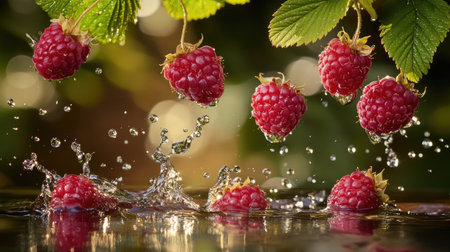 Raspberries mid-air just before hitting the water, with reflections shimmering below.の素材
