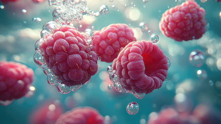 Fresh raspberries creating a mesmerizing underwater scene, surrounded by floating bubbles and soft light.の素材