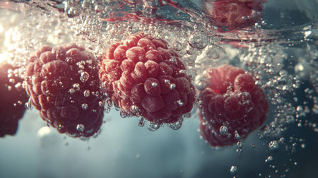 Multiple raspberries sinking into water, with a burst of tiny bubbles rising to the surface.の素材
