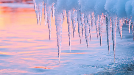 Icicles hanging over a frozen lake, mirroring the soft pinks and oranges of dusk.の素材