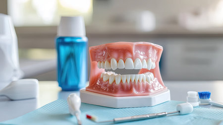 A dental model of teeth on a table, surrounded by dental tools like a toothbrush, floss, and mouthwash, promoting good oral hygiene.の素材