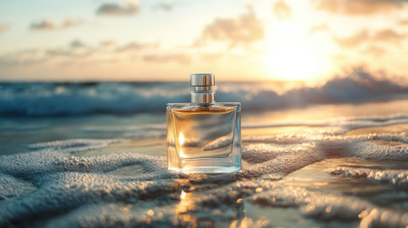 A chic perfume bottle resting on a sunlit surface, with the calming waves of the sea in the background, perfect for a tranquil mood.の素材