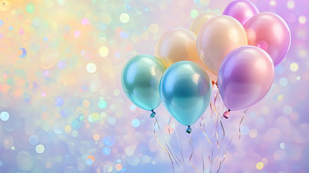 Floating pastel balloons over a shimmering, iridescent background, exuding dreamy elegance.の素材