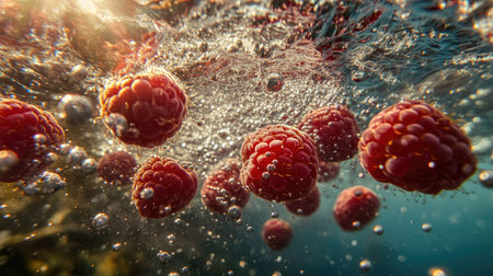 Multiple raspberries sinking into water, with a burst of tiny bubbles rising to the surface.の素材
