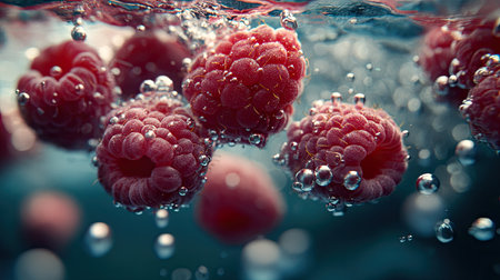 Fresh raspberries creating a mesmerizing underwater scene, surrounded by floating bubbles and soft light.の素材