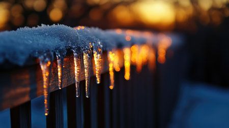 Tiny icicles forming on a wooden fence, catching the last light of a winter evening.の素材
