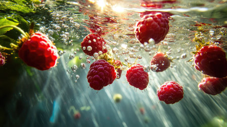 Sunlight refracting through water as raspberries sink, casting beautiful patterns of light and color.の素材