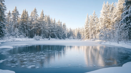 Winter landscape of a frozen lake surrounded by snow-covered trees under a clear sky.の素材