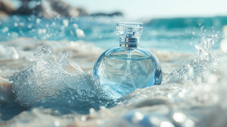 A clear glass perfume bottle surrounded by soft waves and gentle sea air, offering a fresh, beach-inspired fragrance experience.の素材