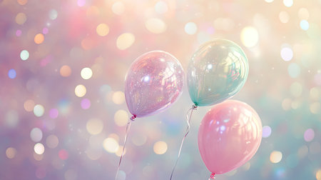 Floating pastel balloons over a shimmering, iridescent background, exuding dreamy elegance.の素材