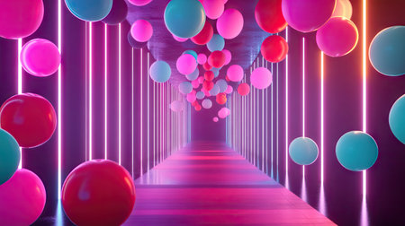 Bright party balloons in various sizes soaring over a neon-colored backdrop, symbolizing fun and happiness.の素材