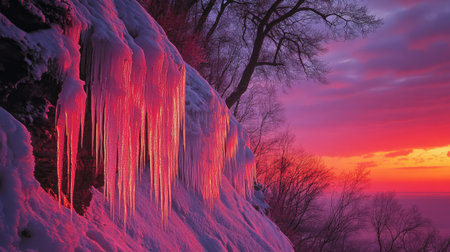 Ice-covered cliffs adorned with icicles, with the deep red hues of sunset in the background.の素材