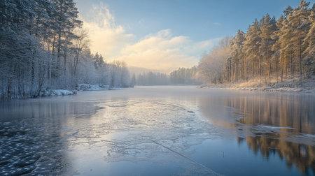 Frozen lake with delicate frost patterns forming on the surface of the ice.の素材